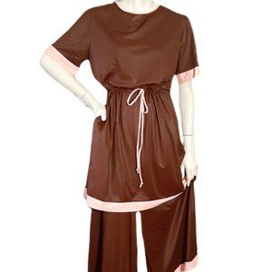 1960s Vintage Brown And Pink Nylon Lounging Pajamas Set Tunic And Loose Pants